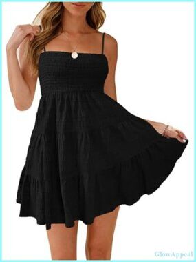 Women Spaghetti Strap Sleeveless Smock Cami Mini Dress Summer Vacation Flowy